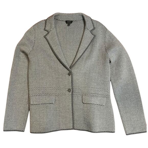 TALBOTS Gray Herringbone Sweater Jacket Button Cardigan 100% Merino Wool MEDIUM - Picture 1 of 6